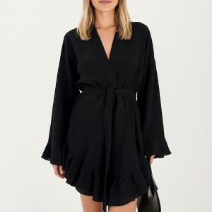 Anna-Kaci Lounge Women's Wrap Tie Front Night Robe and Ruffle Shorts 2-Piece Set - 1 of 4