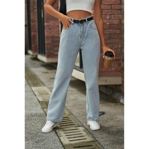 Womens Denim Pants Casual Butterfly Print Mid Rise Straight Leg Denim Jeans - 1 of 4