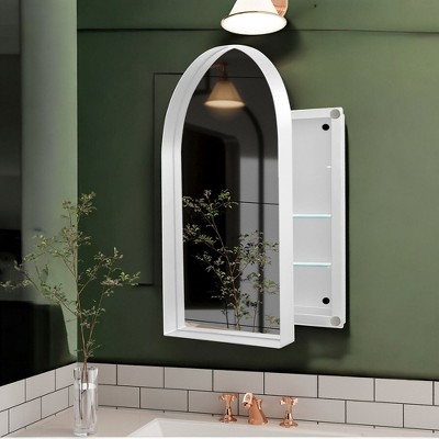 Alilang 35.80 Inch Arched Wall-Mounted Bathroom Cabinet with Mirrored Door and Glass Shelves-White