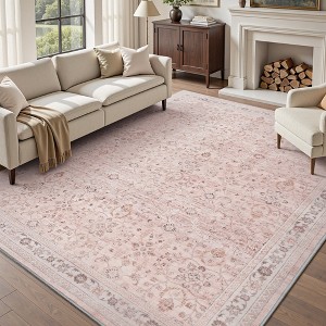 MontVoo Vintage Floral Washable Rugs Pink - 1 of 4