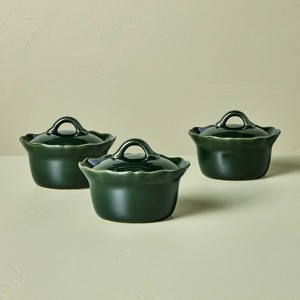 3pc 6.5oz Round Stoneware Reactive Glaze Ramekin with Lid Green - Hearth & Hand™ with Magnolia - 1 of 4