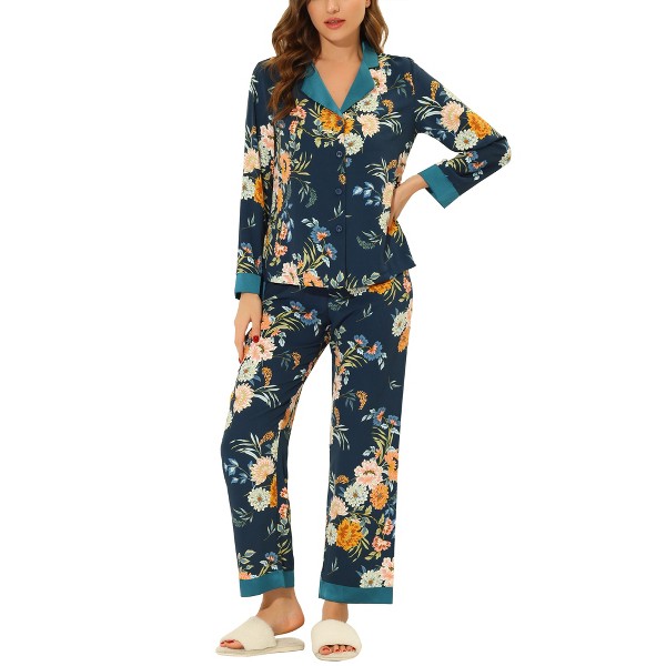 Pijama de Satén con Estampado Floral para Mujer, Camisa de Manga Larga con Pantalón - cheibear 2