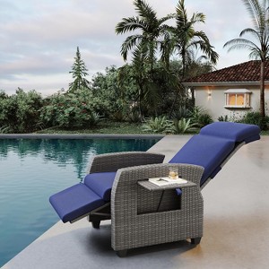 Patio Wicker Outdoor Recliner - Independently adjustable backrest & footrest with flip-up table & air pump, 155° lay flat. - 1 of 4