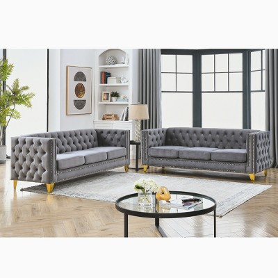 Velvet Chesterfield Sofa Set of 2,3-Seater Tufted Sofas with Metal Legs & Nailhead Trim for Living Room-Baofuwish