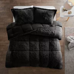 Intelligent Design 3pc Full/Queen Leena Shaggy Long Faux Fur Comforter Mini Set Black