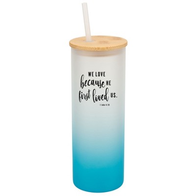 Elanze Designs We Love Because He First Loved Us Faith Wrap-Around Design 25 Ounce Frosted Gradient Glass On-The-Go Coffee Travel Skinny Tumbler Mug