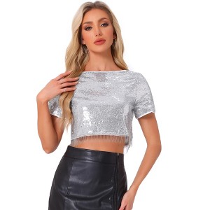 INSPIRE CHIC Women's Sequin Glitter Short Sleeve Cropped Round Neck Tassel Cocktail Party Sparkly Top - 1 of 4