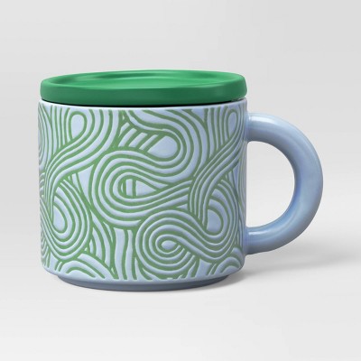 17 fl oz Stoneware Squiggly Print Lidded Mug Blue - Room Essentials™