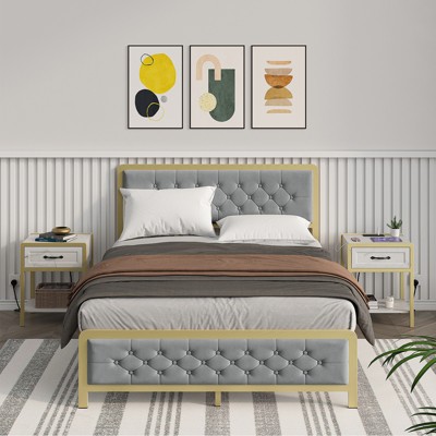 Full Size Bed Frame, Velvet Upholstered Platform Bed with Button Tufted Headboard, Heavy Duty Metal Mattress Foundation No Box Spring Required