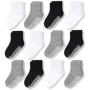 Cozyway Non-Slip Crew Grip Toddler Socks, 12 Pack for Boys & Girls, Black/White/Gray, 3-5 Years Old, Unisex - 1 of 4