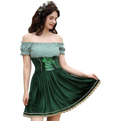 Women's Vintage Party Dress Off Shoulder Short Sleeve Plaid Velvet Fake Three Piece Dress with Lace Trim