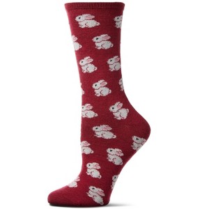 Memoi Women's "Bunny Rabbits" Cashmere Blend Novelty Crew Sock Cabernet 9-11 - 1 of 3