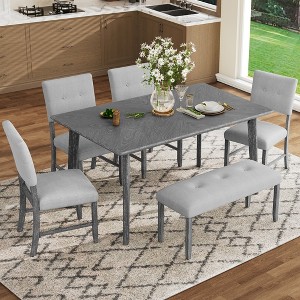 6 Piece Vintage Dining Table Set for 6, Farmhouse Dining Set with 4 Upholstered Dining Chairs & Bench, Natural Wood Wash/Gray - ModernLuxe - 1 of 4