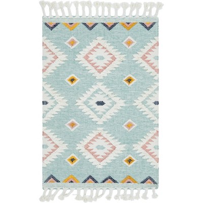 Handmade Light Aqua and Ivory Wool Geometric Rug 4' x 6'