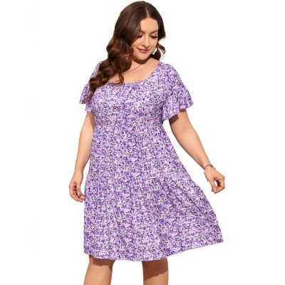 Rosegal Women's Plus Size Summer Floral Sundress – Cold Shoulder Ruffle Maxi Dress With Split Hem, Light Purple
