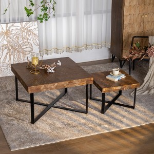 31.5 "/31.3" Vintage Patchwork Shape Coffee Table (Set of 2) with Natural Grain Table Top and Metal Cross Legs 4M - ModernLuxe - 1 of 4