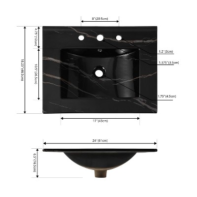 24" Black Marble Effect Ceramic Single Sink Vanity Top
