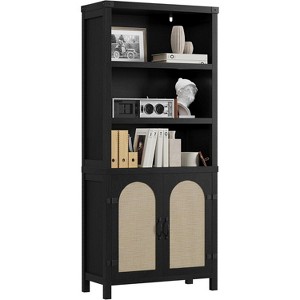 coucheta Farmhouse Bookshelves with Rattan Doors, 70" Tall Cutlery Shelves with Three Tiers of Open Storage, for Kitchen, Office, Living Room, Black - 1 of 4