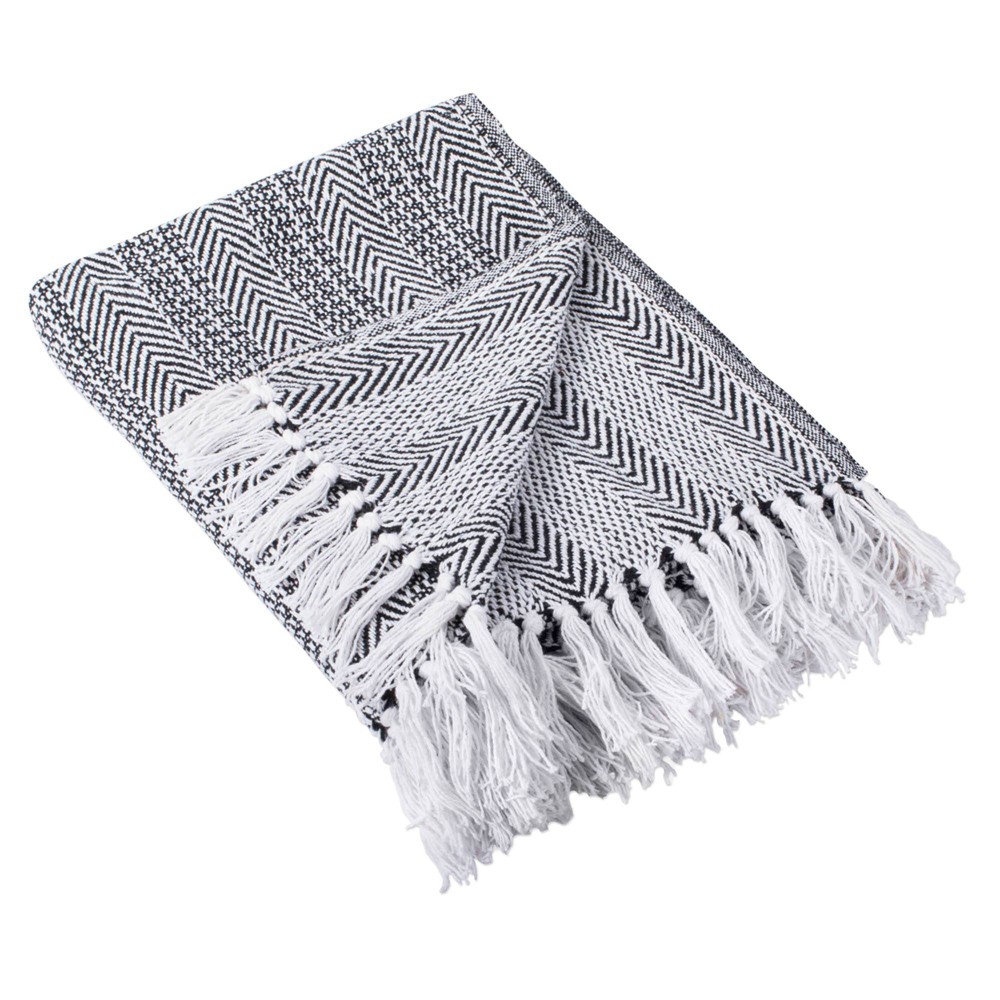 50"x60" Herringbone Striped Throw Blanket Black - Design Imports: Midweight Cotton, Hypoallergenic