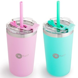 PopYum 13oz Insulated Stainless Steel Kids’ Cups with Lid and Straw, 2-Pack, Green & Pink, stackable, sippy, baby, child, toddler, tumbler - 1 of 4