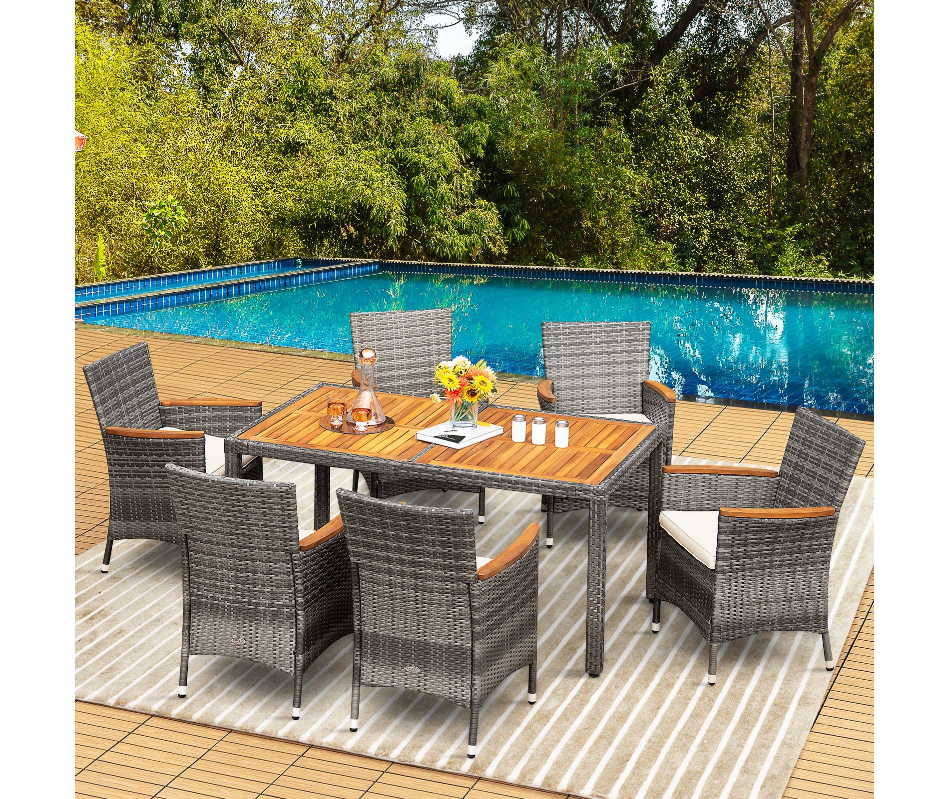Costway 7PCS Patio Rattan Dining Set Acacia Wood Table Cushioned Chair Mix Gray