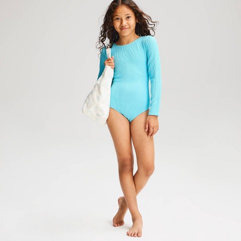 Cat & Jack Girls' Crinkle Ribbed Long Sleeve One Piece Swimsuit - Cat & Jack™ Blue L