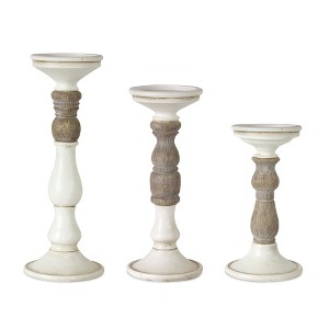 HomeRoots Set of Three Ivory and Natural Resin Tabletop Pillar Candle Holders - 1 of 4