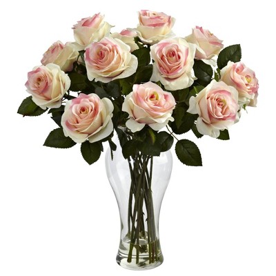 Nearly Natural White Blooming Roses with Vase