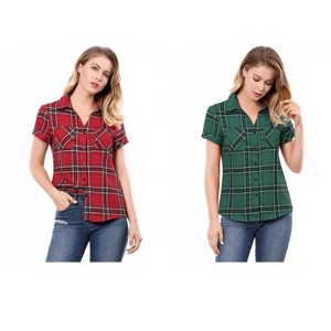 Allegra K Women's Classic Short Sleeve Button Down Plaid Shirt 2 Pcs - 1 of 4