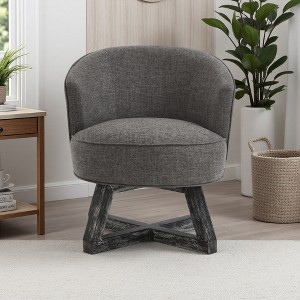 Linen Swivel Lounge Chair with Wood Cross Base and Curved Back - 1 of 4