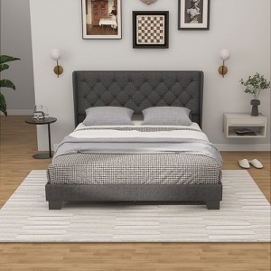 Infans Queen Size Upholstered Platform Bed Tufted Headboard Mattress Foundation Grey - 1 of 4