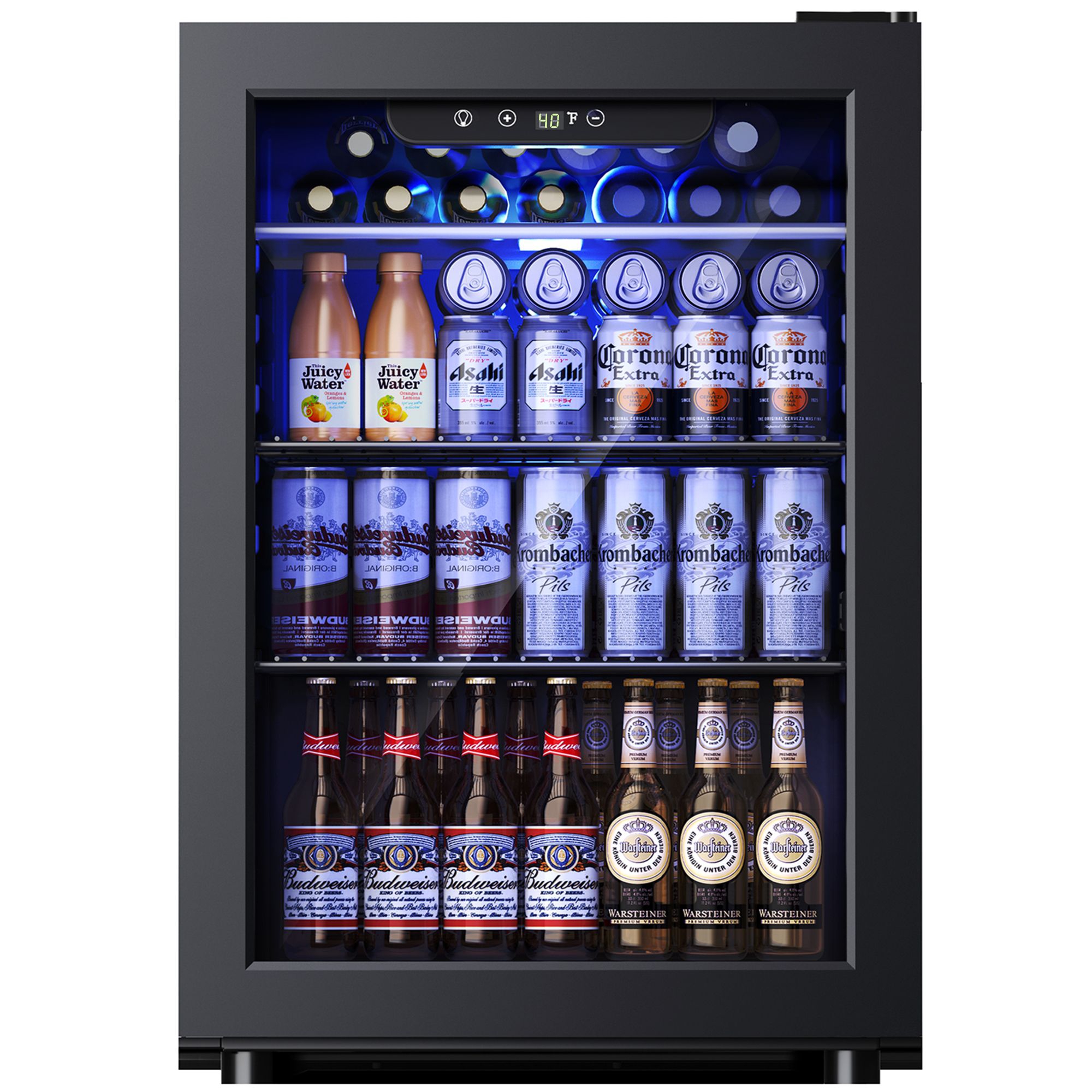 Simzlife 2.6 cu. ft./100 Cans Beverage Refrigerator, Mini Cooler with Blue LED, Digital Control, Air Cooled Frost Free, Black