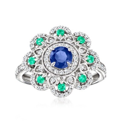 Ross-Simons 0.60 Carat Sapphire, .10 ct. t.w. Emerald and .41 ct. t.w. Diamond Ring in Sterling Silver