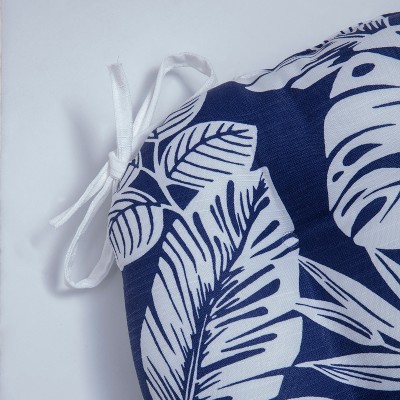 Delray Navy Blue Outdoor Tufted Chairpad Set with White Leaf Pattern