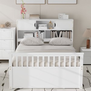KWPZQEB Full Size Platform Bed, Wood Captain Platform Bed Frame with Bookcases Headboard & 4 Drawers, Multi-funtional Storage Bed for Kids - 1 of 4