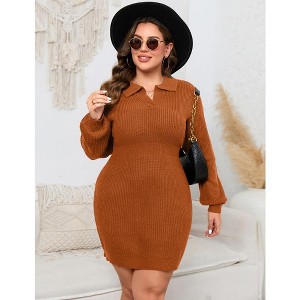 Women Plus Size V-neck Long Sleeve Knit Stretchable Elasticity Slim Sweater Bodycon Midi Pullover Sweater Dress - 1 of 4