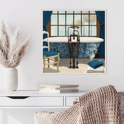Blue and White Framed Canvas Wall Art with Bathtub Scene