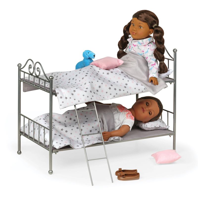 Scrollwork Metal Doll Bunk Bed with Ladder and Bedding - Silver/Pink/Stars, 4 of 5
