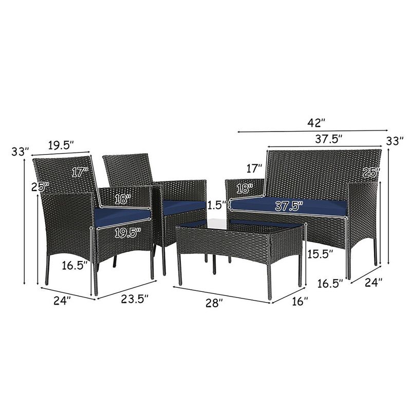 Tangkula 4PCS Outdoor Furniture Set Patio Rattan Conversation Set w/ Navy & Off White Cushion, 3 of 6