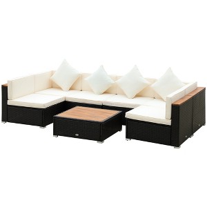 Outsunny 7-Piece Outdoor Wicker Sofa Set, PE Rattan Sectional Furniture Patio Couch w/ Acacia Top Coffee Table & Cushion for Garden, Backyard, - 1 of 4