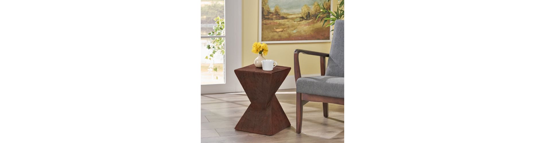 Lyngins Twisted Hourglass Outdoor Accent Table, Lightweight Concrete Patio End Table for Outside Use, Patio Side Tables, Dark Brown