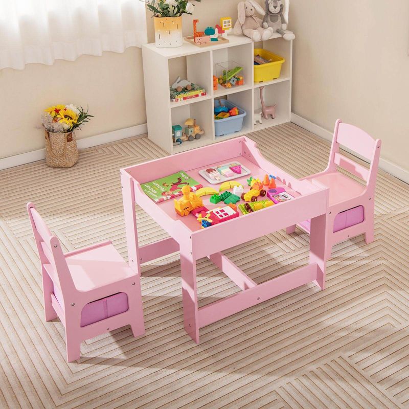 Costway 3 in 1 Kids Wood Table Chairs Set w/ Storage Box Blackboard Drawing Pink, 3 of 11