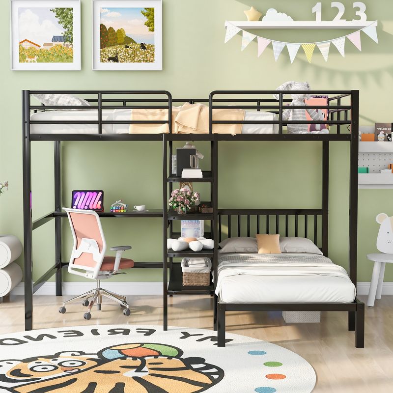 Full Over Twin Metal Bunk Bed with Built-in Desk, Shelves and Ladder-ModernLuxe, 2 of 14