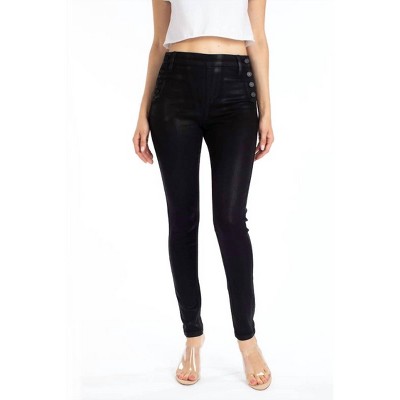 Women's High Rise Faux Leather Button Jeans - KanCan