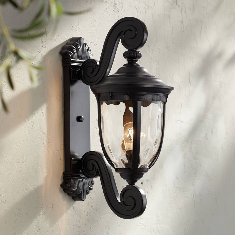John Timberland Bellagio Vintage Outdoor Wall Light Fixture Texturized Black Dual Scroll Arm 24" Clear Hammered Glass for Post Exterior Barn Deck Home, 2 of 8