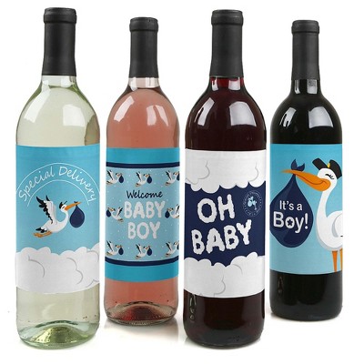 Big Dot of Happiness Boy Special Delivery - Blue It's A Boy Stork Baby Shower Decorations for Women and Men - Wine Bottle Label Stickers - Set of 4