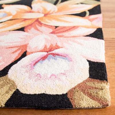 Handmade Black Wool Floral Rectangular Area Rug 6' x 9'