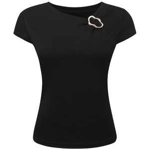 INSPIRE CHIC Women's Asymmetric Neck Cap Sleeve Metal Buckle Knit Blouse - 1 of 4