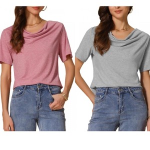 INSPIRE CHIC Women's Cowl Neck Short Sleeve Casual Stretchy Shirts 2 Packs - 1 of 4