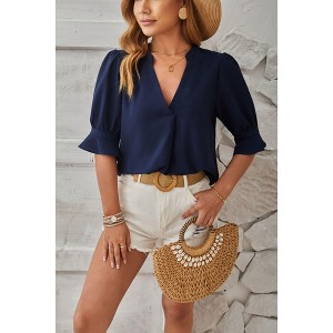 Womens Tops, Summer Casual Short Sleeve V Neck Solid Flowy Top Loose Tunic Blouses Shirts - 1 of 4